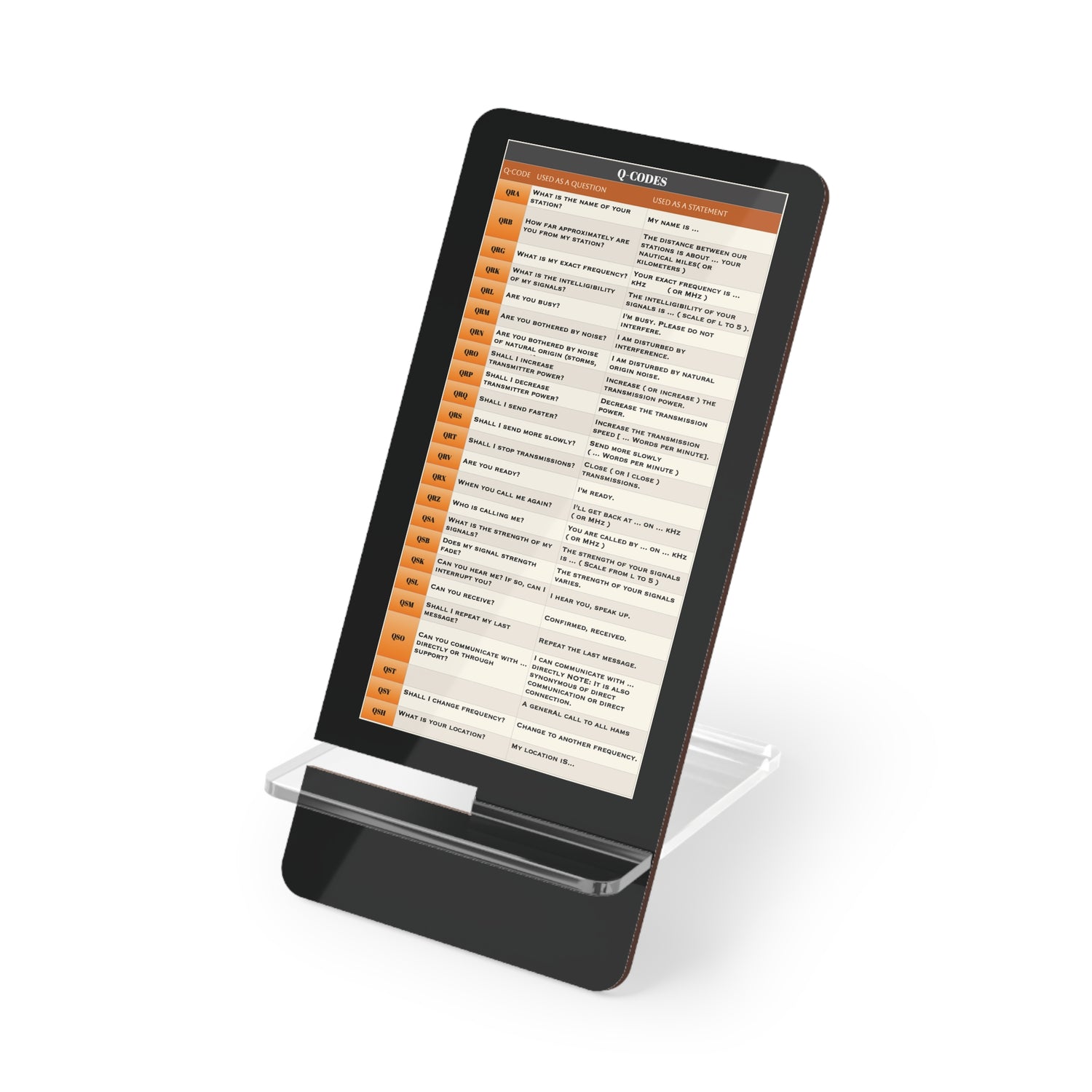 Ham radio smartphone stand with Q-Code chart – iPhone and iPad desk holder for amateur radio operators